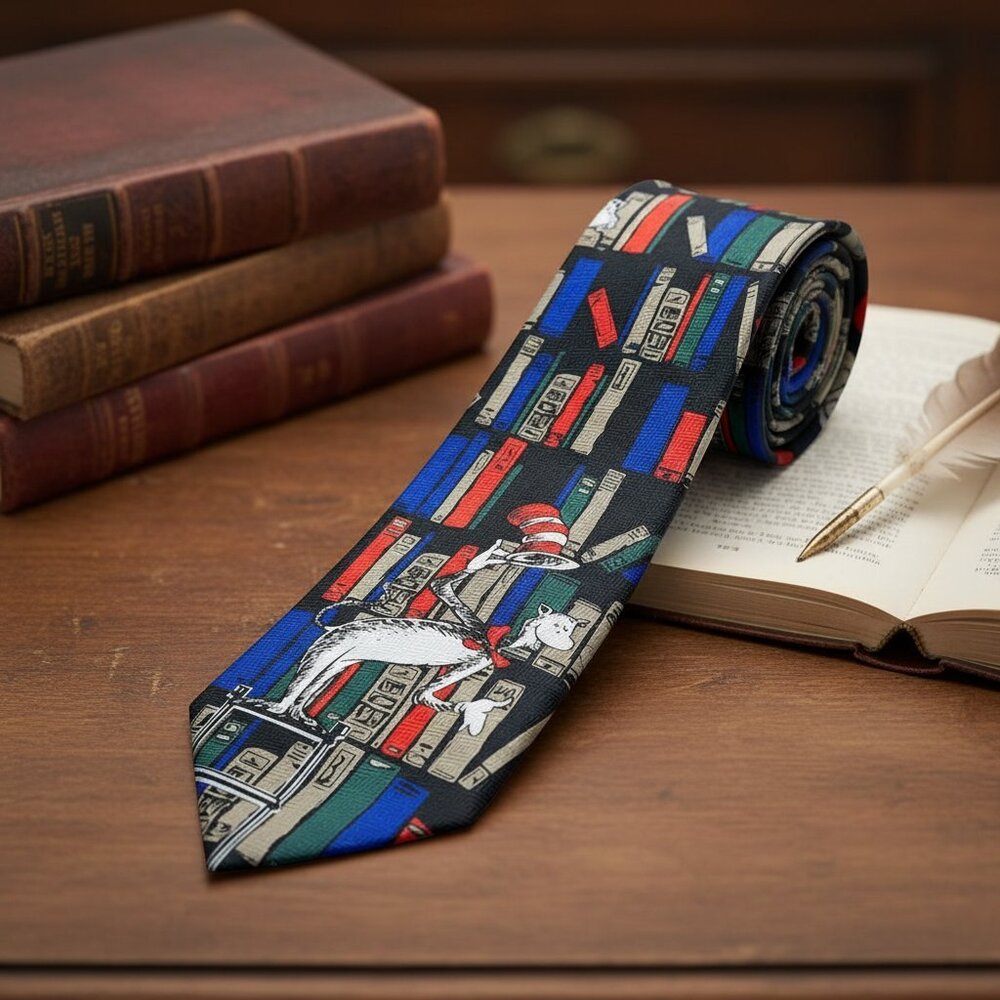 Dr. Seuss Vintage Library Bookshelf Tie Necktie‎ Cat in the Hat Novelty Menswear - Picture 11 of 11